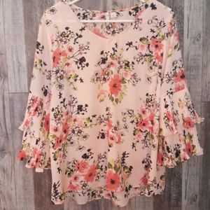 Blush Pink Floral Blouse, 3/4 Sleeve, Cato, Large
